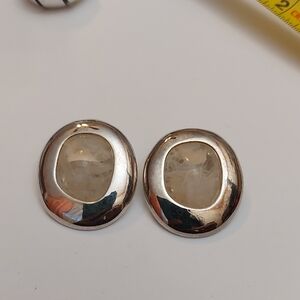 Vintage Marbled Acrylic Faux Quartz Oval Shape Silver Tone Clip On Earrings